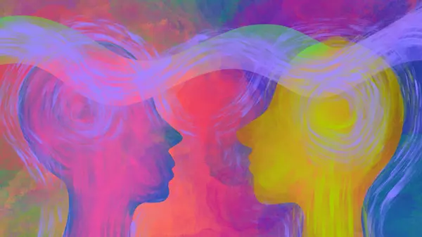 Abstract painting, two heads in profile, colourful