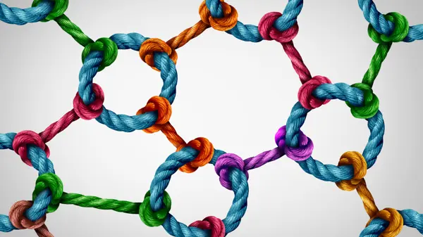 A network of connected colourful twine A network of connected colourful twine