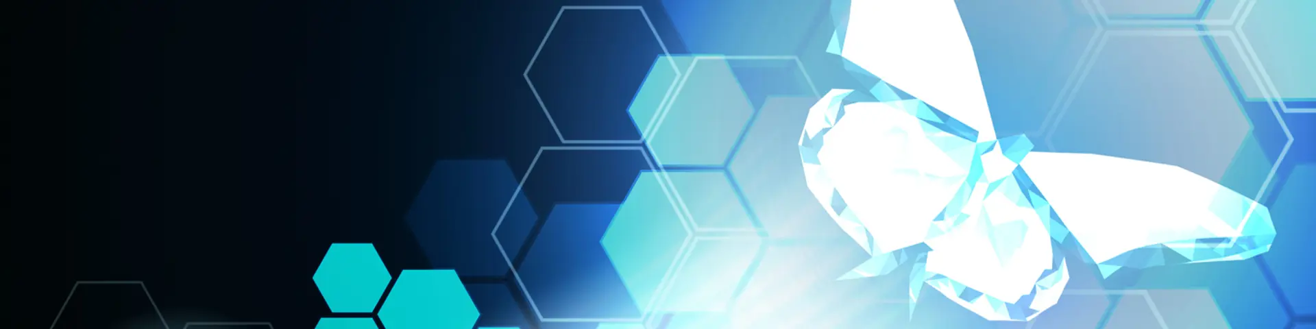 digital graphic, blue hexagons, white crystalline butterfly taking flight digital graphic, blue hexagons, white crystalline butterfly taking flight