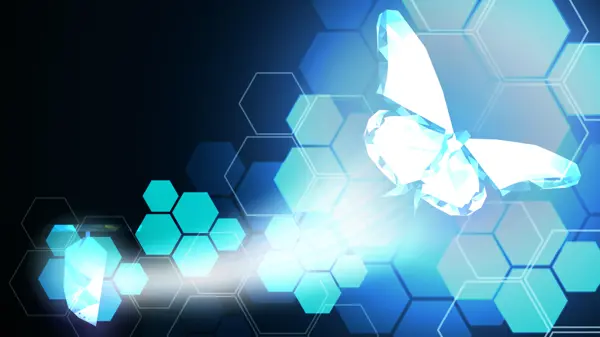 digital graphic, blue hexagons, white crystalline butterfly taking flight digital graphic, blue hexagons, white crystalline butterfly taking flight
