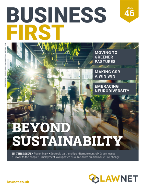 Cover of Business First - Beyond Sustainability, people in office, greenery, sunlight