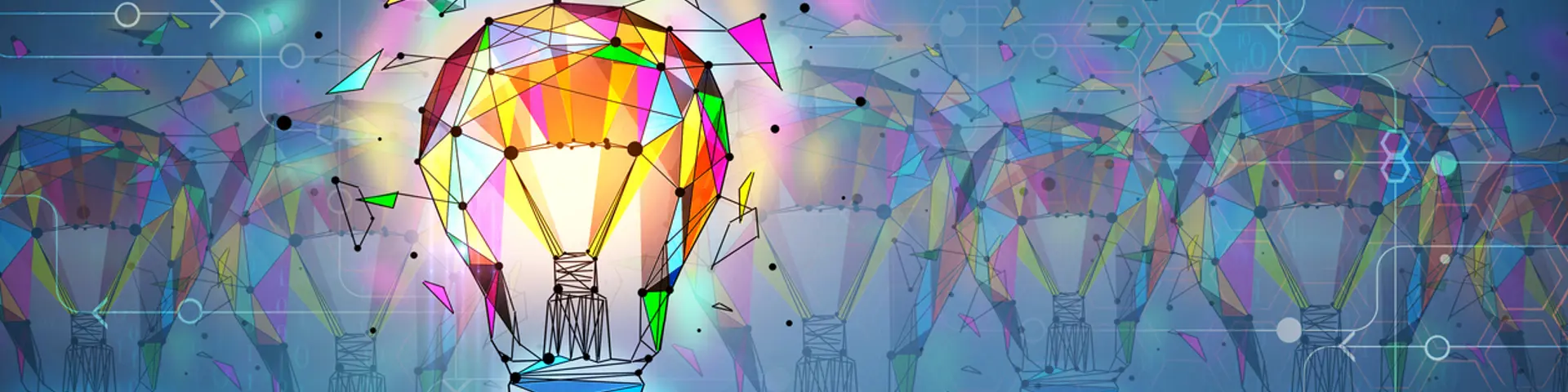 colourful creative polygonal light bulb being created by elements coming together