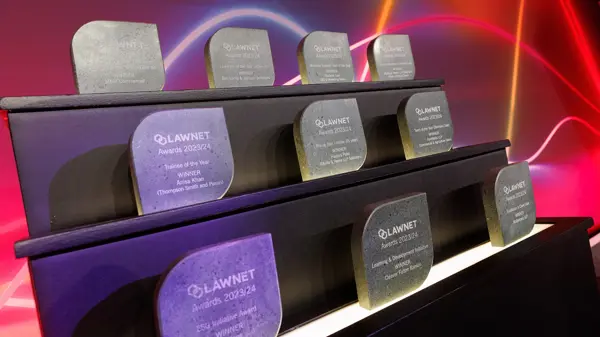 awards displayed on a stage