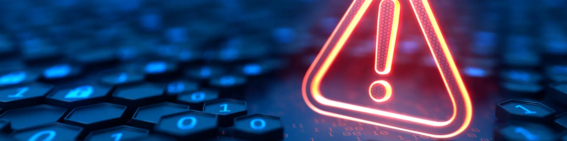 Futuristic digital background. Hexagons with binary code and glowing warning sign with exclamation mark.       Futuristic digital background. Hexagons with binary code and glowing warning sign with exclamation mark.