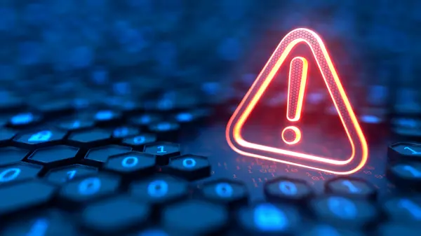 Futuristic digital background. Hexagons with binary code and glowing warning sign with exclamation mark.       Futuristic digital background. Hexagons with binary code and glowing warning sign with exclamation mark.